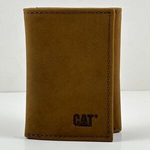 NEW CAT Caterpillar Trifold Wallet Mens OS Brown RFID Shield Leather Logo